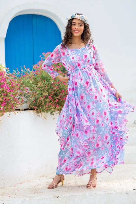 Cheery Sky Blue Flower Bomb Maternity & Nursing Flow Dress