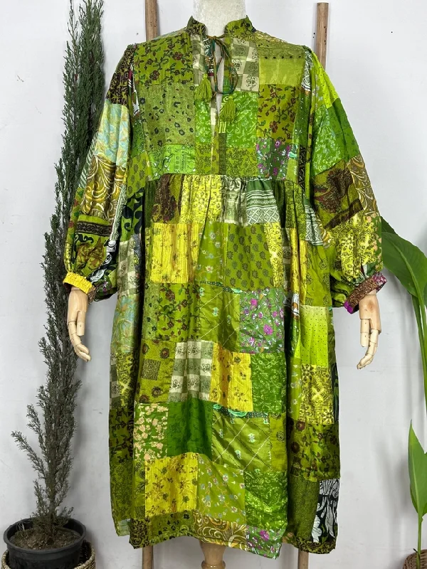 ASSORTED - GREEN HUES | Hand Stitched Patchwork Silk Dress | Perfect Anniversary Christmas Gift For Her Sister Mother |