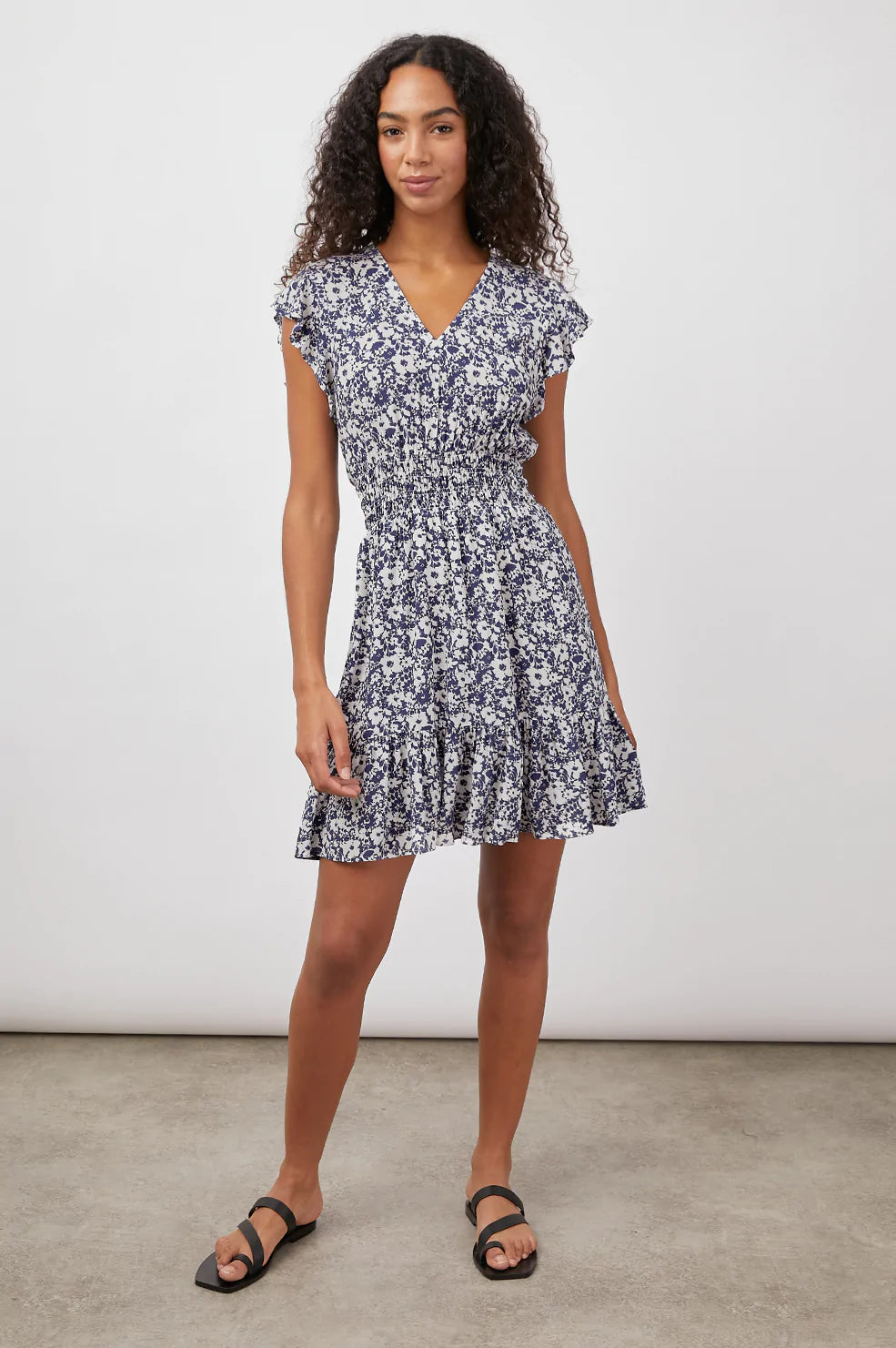 TARA DRESS - NAVY WHITE TEXTURE FLORAL