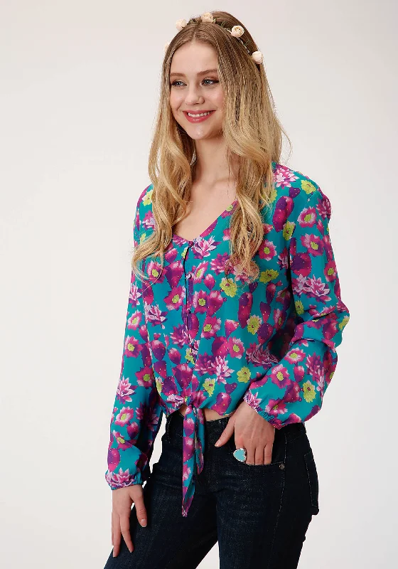 WOMENS BLUE PINK AND GREEN CACTUS PRINT LONG SLEEVE WESTERN SHIRT Soft Cotton Short Shirt