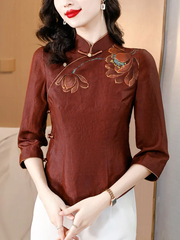 2024 Lotus Print Cheongsam Blouse Shirt Stylish Short Sleeve Top