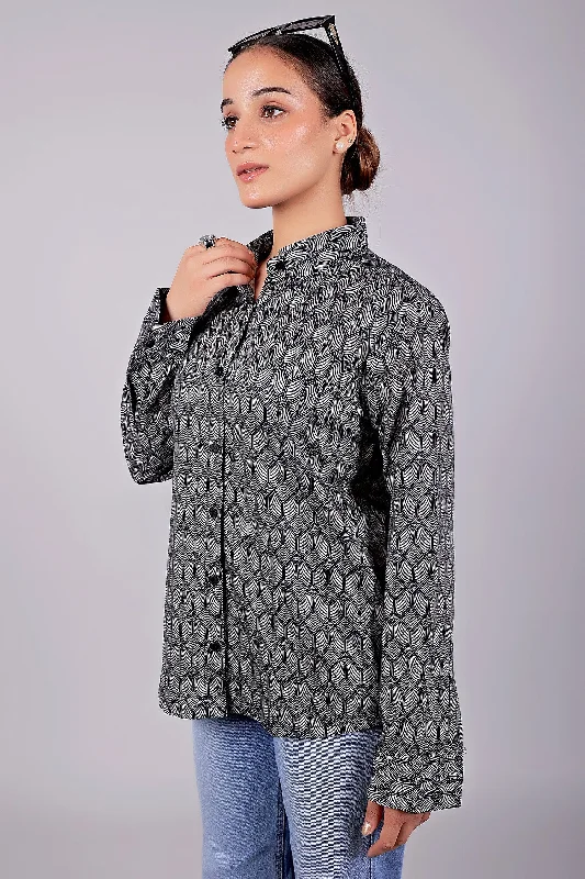 Bluebird Women's Black Geometric Printed Satin Shirt Classic Solid Short Shirt