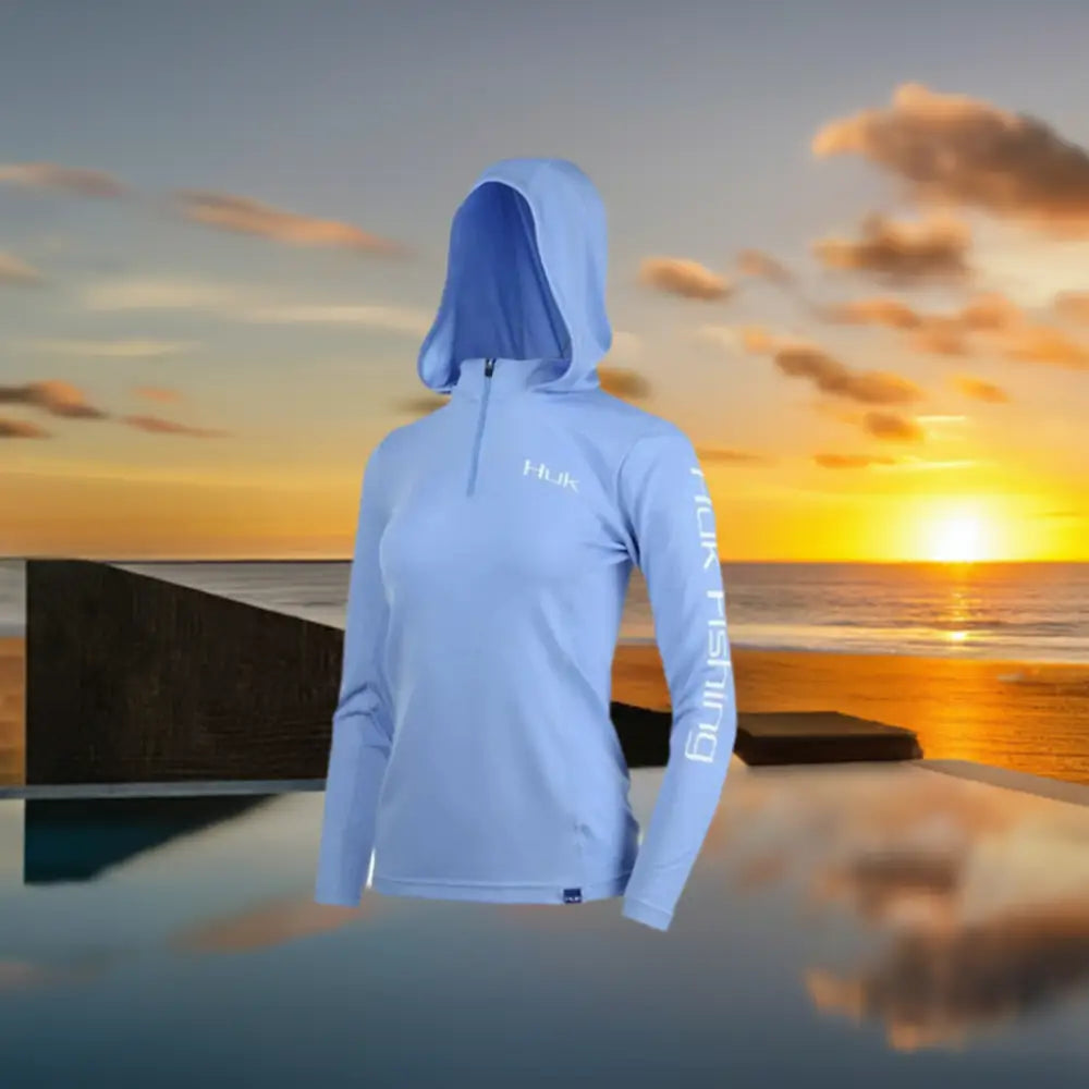 Hooded 1/4 Zip Fishing Shirt - Light Blue Elegant Lace Short Sleeve