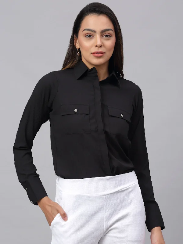 Jainish Women's Black Solid Shirt - Black Comfortable Flowing Short Sleeve