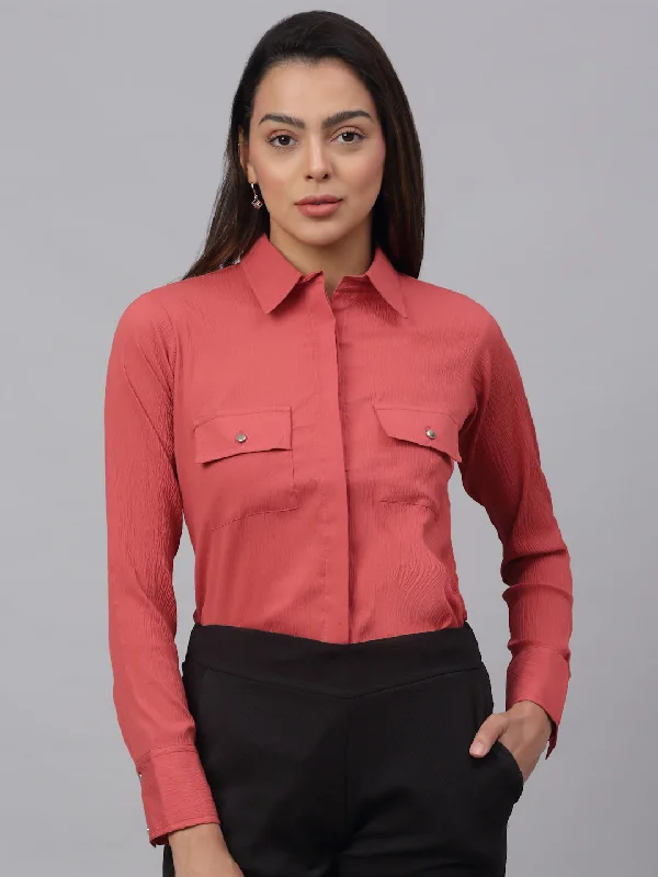Jainish Women's Peach Solid Shirt - Peach Relaxed Button-Down Short Shirt