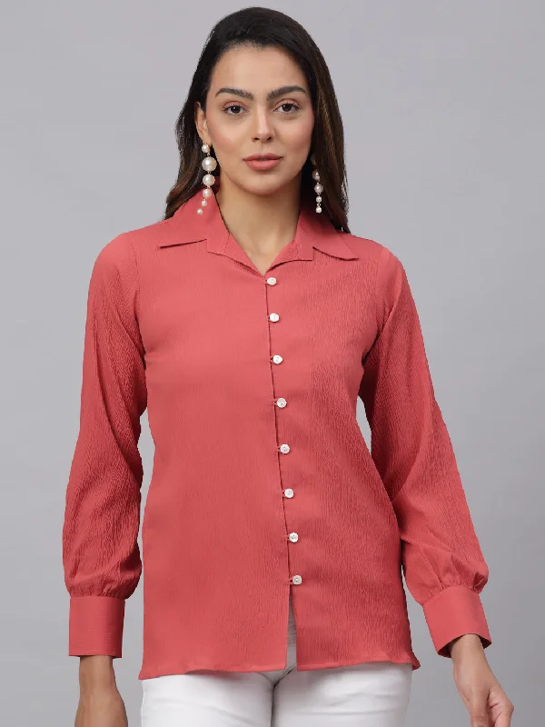 Jainish Women's Peach Solid Shirt - Peach Chic Embellished Short Sleeve