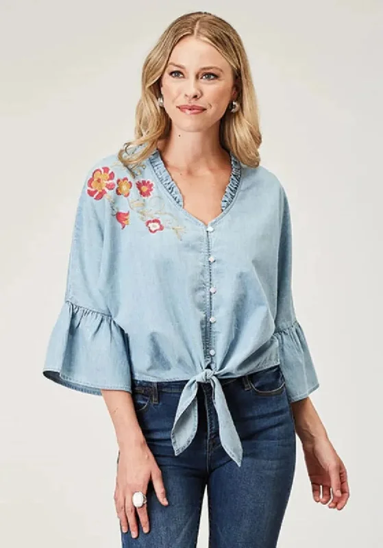 Roper Floral Applique (Denim) - Women's Cotton Shirt Relaxed Fit Short Sleeve Top