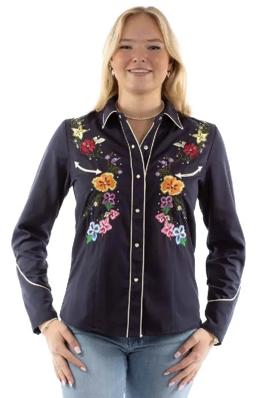 Scully Bright Floral Embroidery - Womens Western Shirt Fashionable Rounded Short Shirt