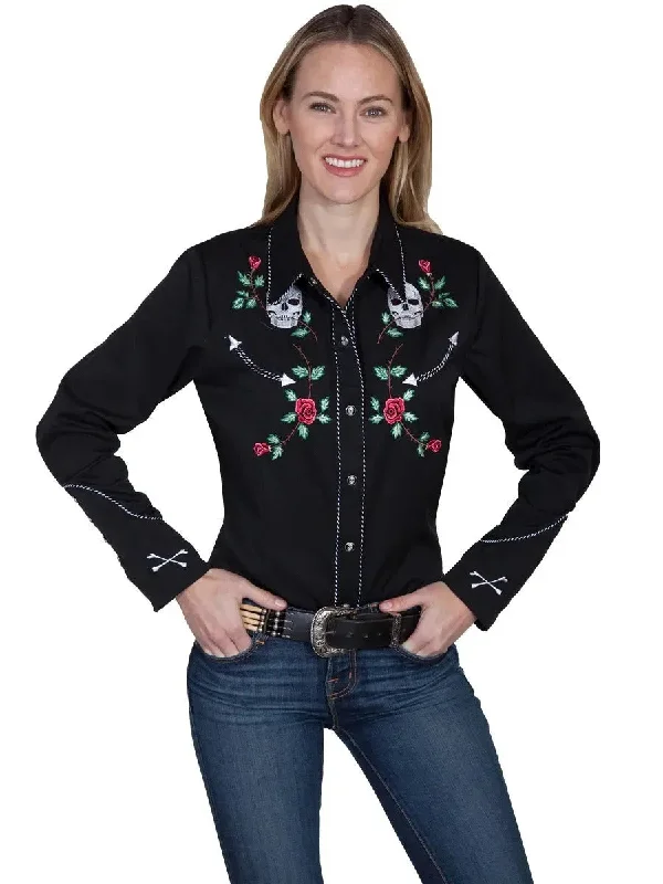 Scully Skulls And Roses Embroidery - Women's Western Shirt Modern Casual Short Sleeve