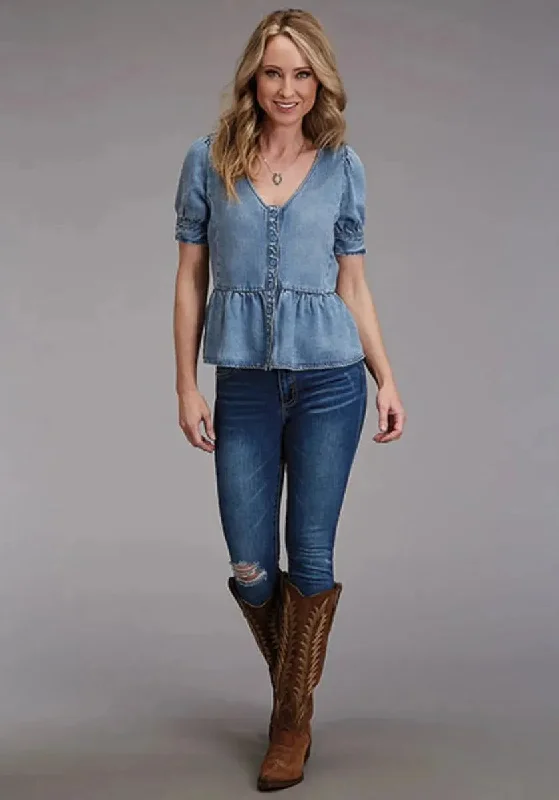 Stetson Lyocel Peasant Blouse (Blue) - Women's Short Sleeve Shirt Trendy Short Sleeve Tunic