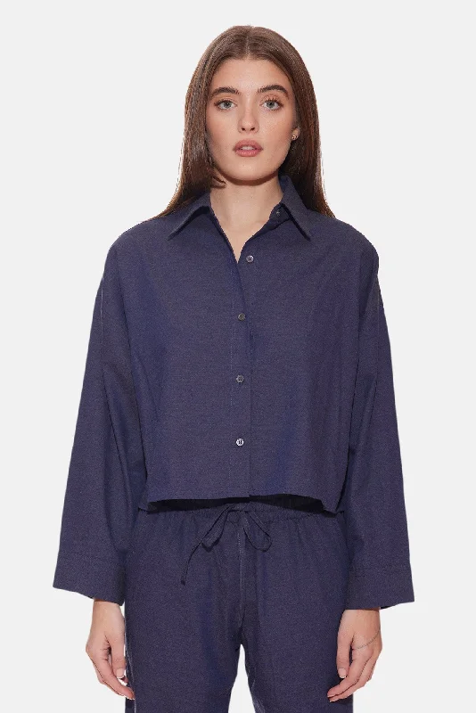 Chateau Twill Crop Shirt Navy Fashionable Pleated Short Shirt
