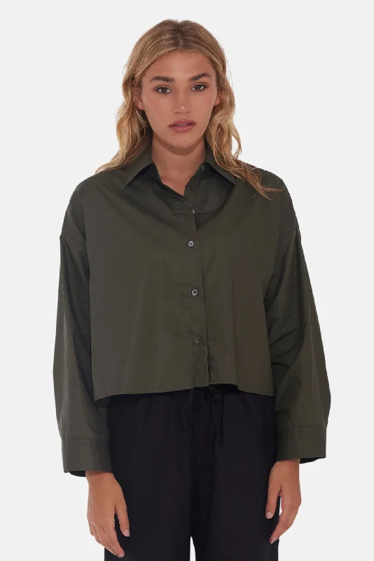 Gansett Poplin Crop Shirt Jungle Green Fashionable Cuffed Short Sleeve