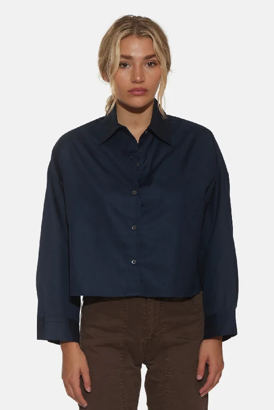 Gansett Poplin Crop Shirt Navy Stylish Striped Short Sleeve