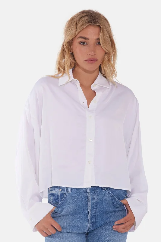 Laura Crop Satin Shirt White Fashionable Tied Short Sleeve