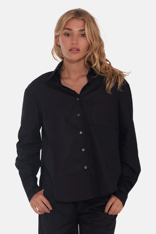 Lily Poplin Boyfriend Shirt Black Stylish Split-Hem Short Shirt