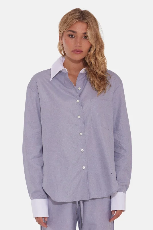Lily Poplin Boyfriend Shirt Grey w/ White Collar Elegant Draped Short Sleeve