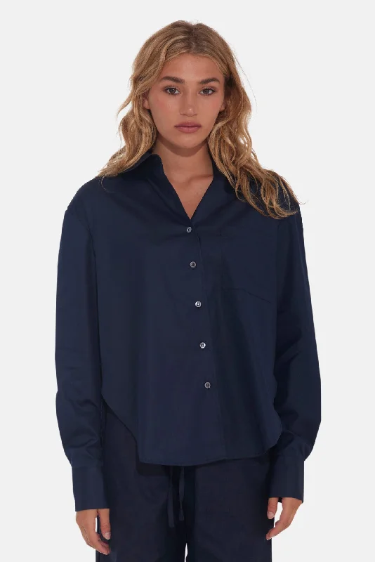 Lily Poplin Boyfriend Shirt Navy Comfortable Knit Short Shirt