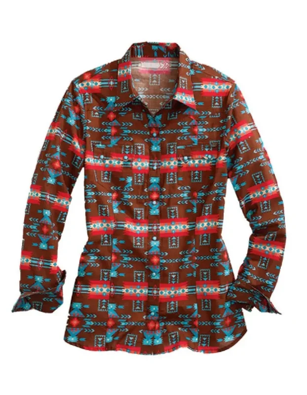 Tin Haul Aztec Elegance (Brown) - Women's Western Shirt Casual Boxy Short Shirt