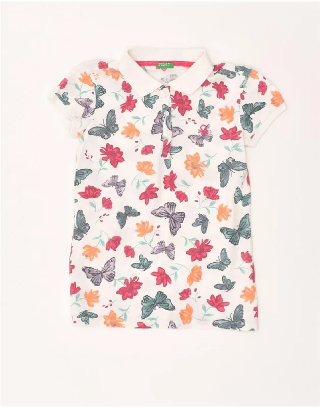 UNITED COLORS OF BENETTON Womens Polo Shirt UK 4 XS White Floral Comfortable Loose Short Sleeve