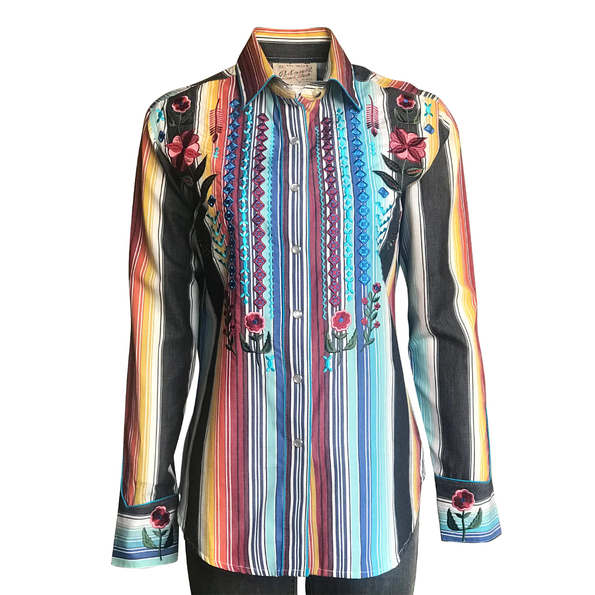 Women's Rockmount Boho Serape Stripe Western Shirt with Cascading Embroidery Elegant Lace Short Sleeve