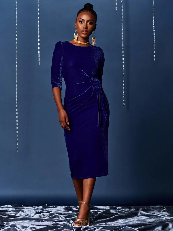 3/4 Sleeve Tie Detail Velvet Midi Dress, Royal Blue Fashionable A-Line Midi Dress