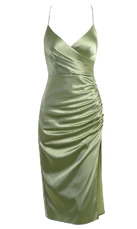 Best Bet Green Satin Sleeveless Spaghetti Strap Cross Wrap V Neck Side Slit Ruched Slip Midi Dress Stylish High-Waisted Midi Dress