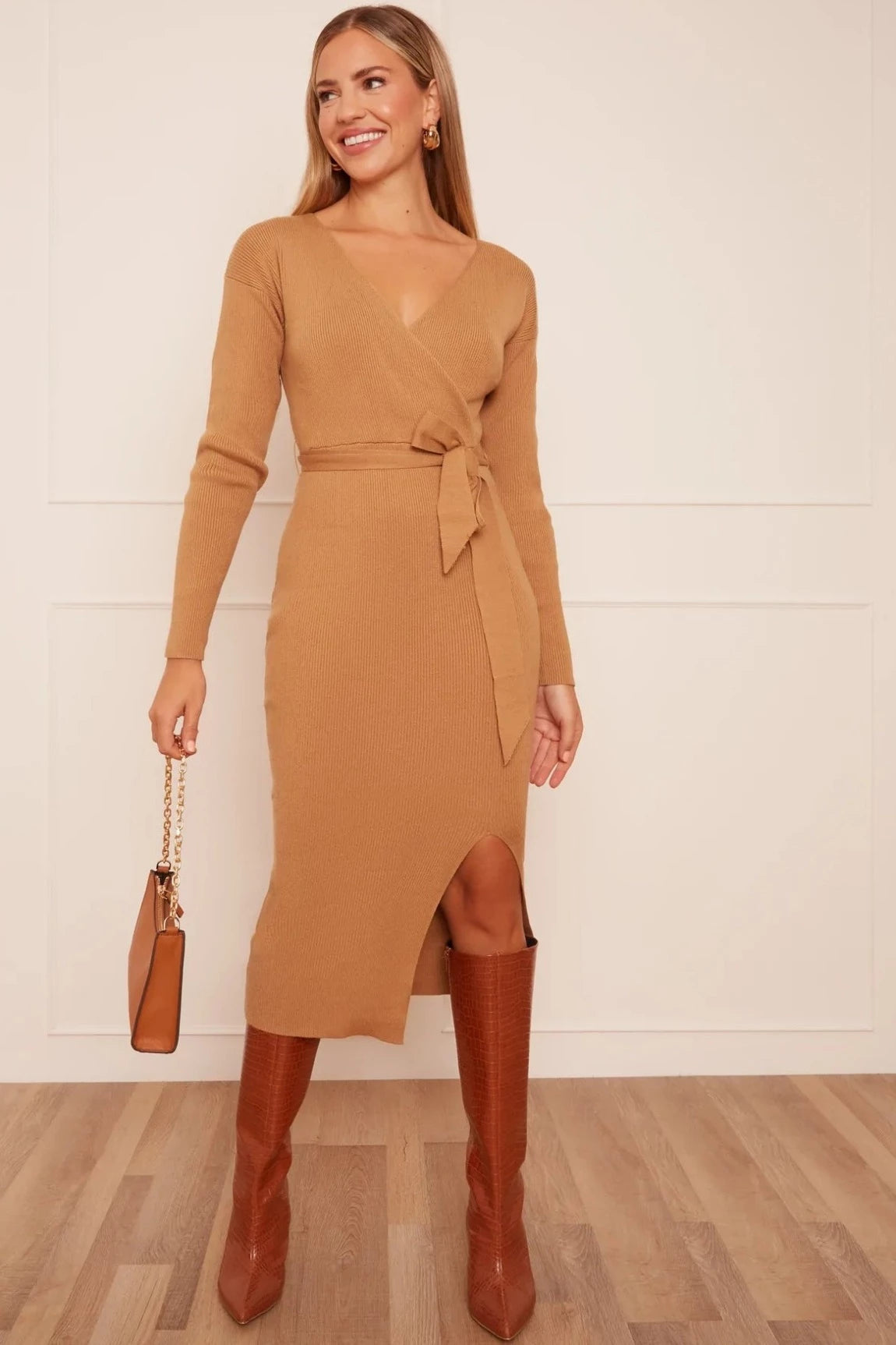 Chi Chi Wrap Split Side Knitted Midi Dress in Camel Stylish Button-Up Midi Dress