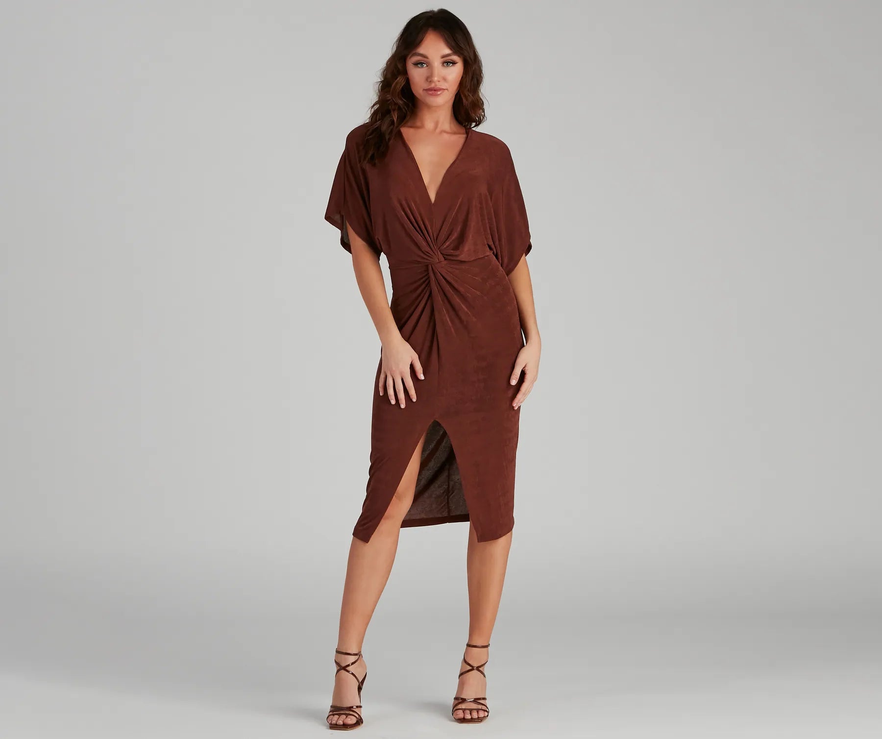 Classy Evening V-Neck Knotted Midi Dress Elegant Lace Trim Midi Dress