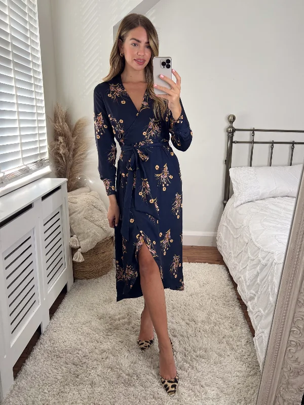 Fergie Reversible 2 in 1 Wrap Midi Dress / Navy Floral Fashionable Off-Shoulder Dress Midi
