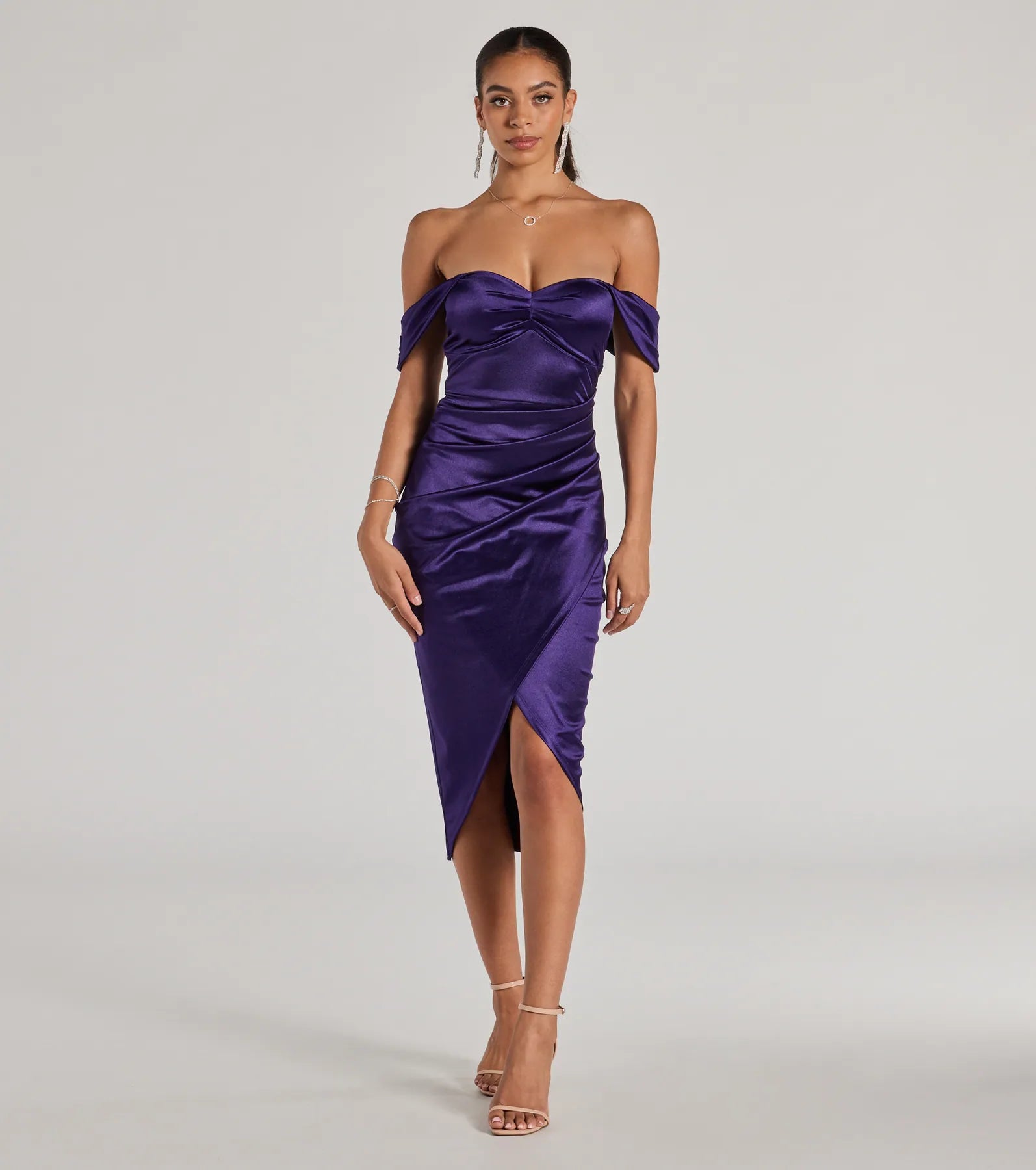 Gaia Satin Off The Shoulder Wrap Midi Dress Trendy Floral Wrap Midi Dress