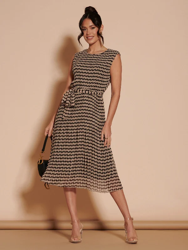 Hayes Pleated Chiffon Midi Dress, Black Geo Fashionable Shift Midi Dress