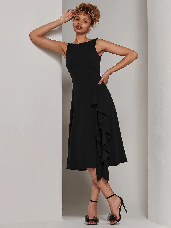 Haylen Frill Detail Midi Dress, Black Comfortable Ribbed Midi Dress