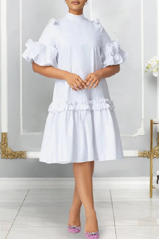 Elegant Frilled Pleated Midi Dress Stylish Off-Shoulder Ruffle Dress