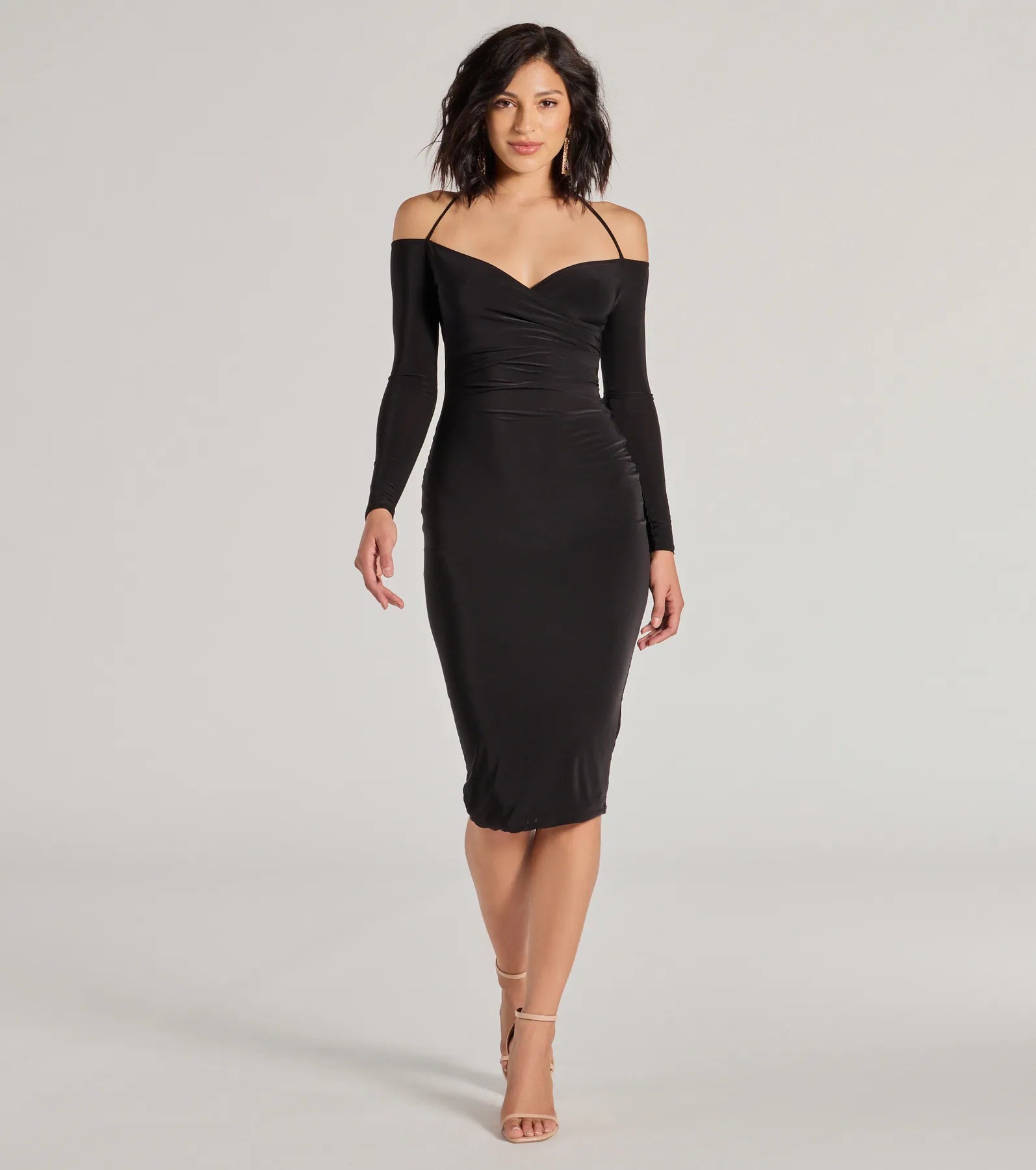 Strike A Pose Long Sleeve Halter Midi Dress Cozy Knit Midi Dress