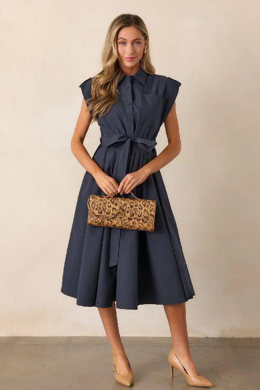 Ties To You 100% Cotton Navy Cap Sleeve Midi Dress Stylish Vintage Midi Dress