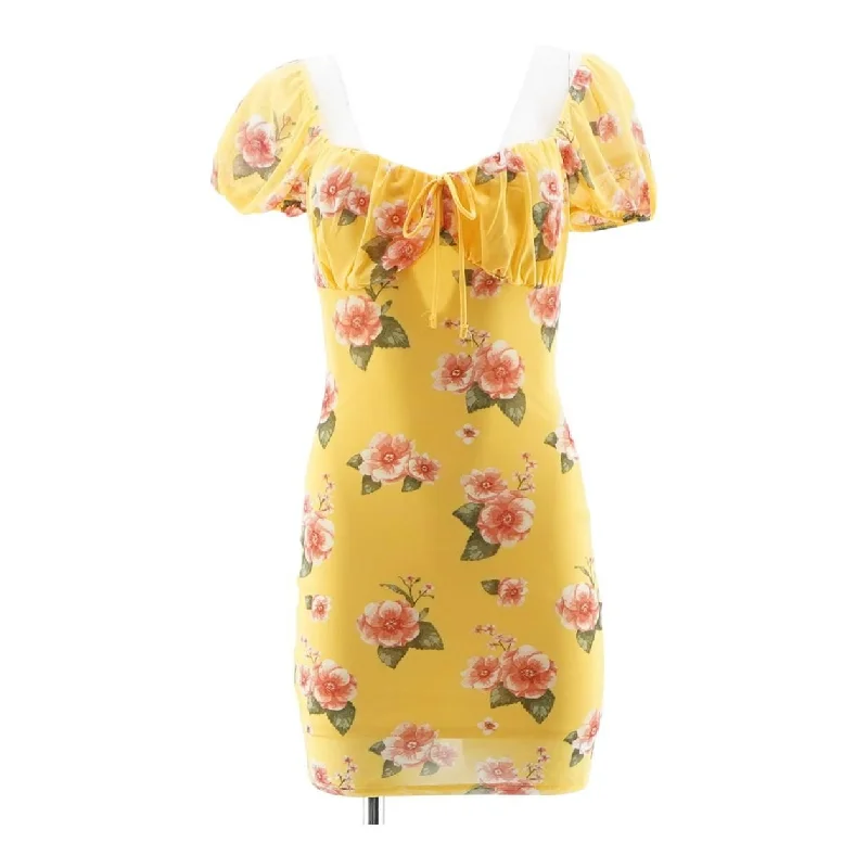 Yellow Floral Mini Dress Elegant Lace-Up Mini Dress
