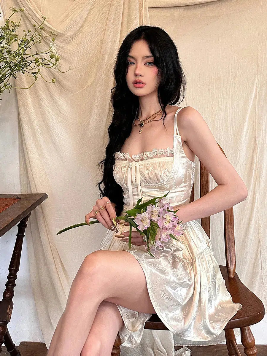 Coquette Floral Satin Mini Dress Fashionable Off-Shoulder Mini Dress