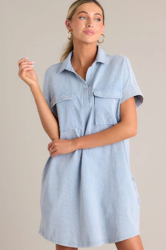 Metropolitan Mood Light Chambray Collared Mini Dress Stylish Summer Mini Dress