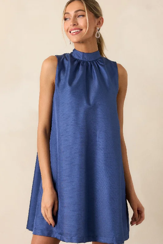 Nautical Nights Royal Blue Tie Neck Mini Dress Comfortable One-Shoulder Mini Dress