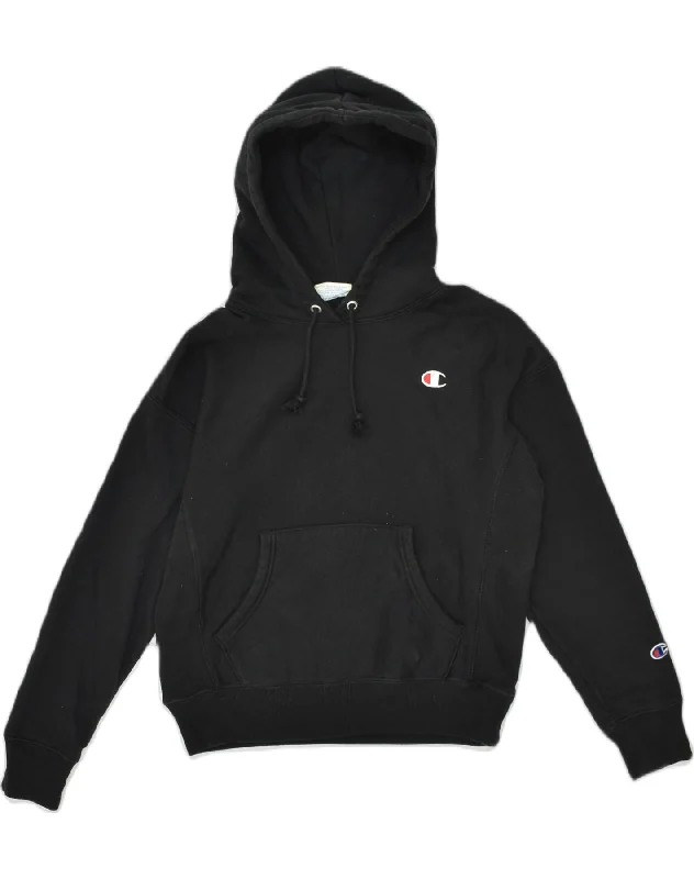 CHAMPION Womens Hoodie Jumper UK 10 Small Black Cotton Hoodie with Hem Drawcord Adjustable Customizable