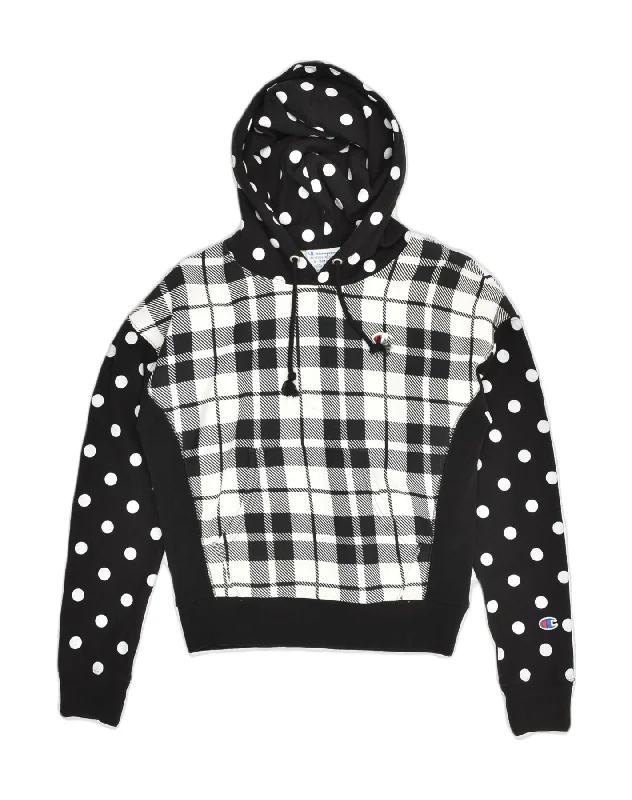 CHAMPION Womens Hoodie Jumper UK 6 XS Black Patchwork Cotton Hoodie with Side Slits Relaxed Casual