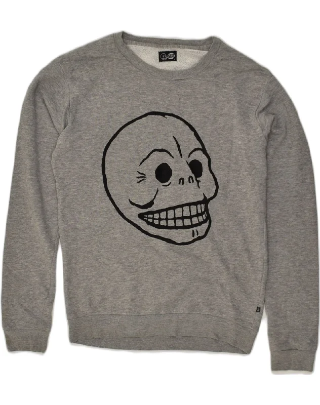 CHEAP MONDAY Womens Graphic Sweatshirt Jumper UK 14 Medium Grey Cotton Hoodie with Belted Waist Structured Tailored