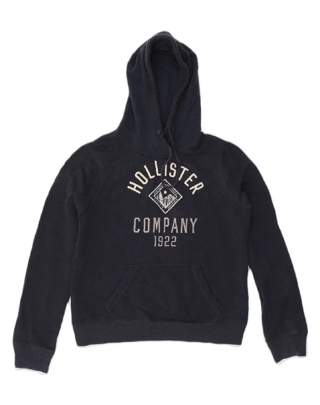 HOLLISTER Womens Graphic Hoodie Jumper UK 14 Medium Navy Blue Cotton Hoodie with Contrast Stitching Detailed Premium