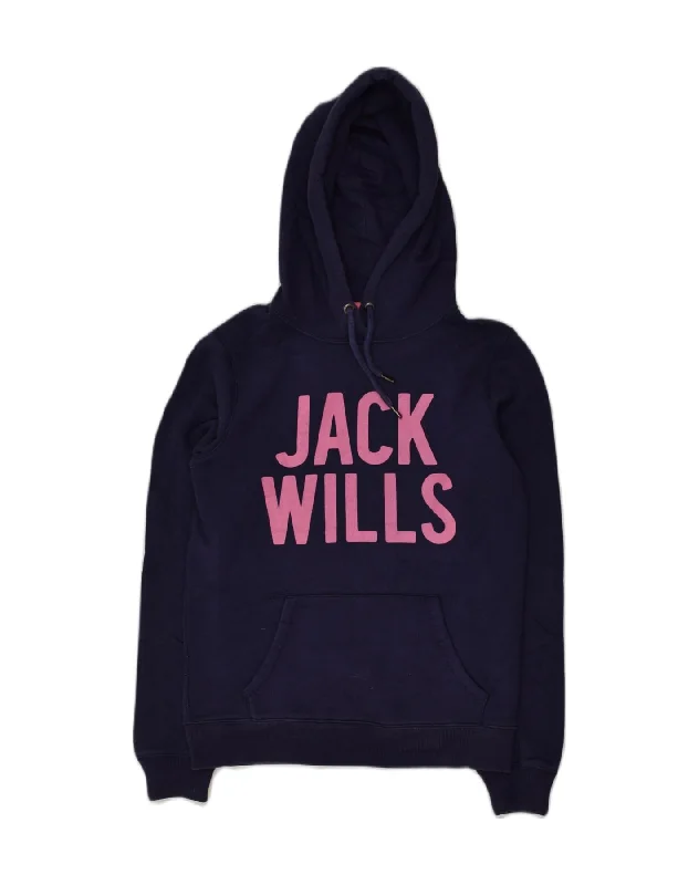 JACK WILLS Womens Graphic Hoodie Jumper UK 10 Small Navy Blue Cotton Hoodie with High-Low Hem Asymmetrical Trendy