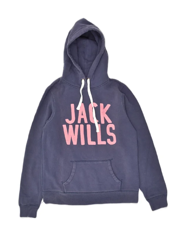 JACK WILLS Womens Graphic Hoodie Jumper UK 14 Large Blue Cotton Hoodie with Hem Lace Feminine Delicate