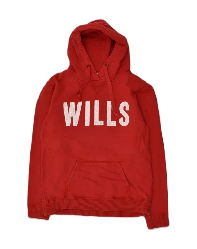 JACK WILLS Womens Graphic Hoodie Jumper UK 14 Medium Red Cotton Hoodie with Side Slits Relaxed Casual