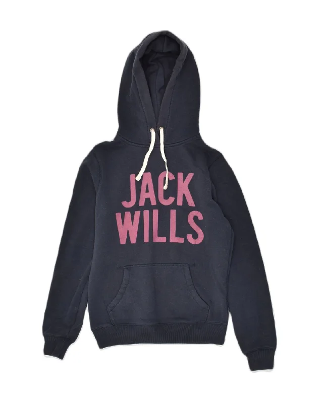 JACK WILLS Womens Graphic Hoodie Jumper UK 8 Small Navy Blue Cotton Hoodie with Slim Fit Tailored Modern