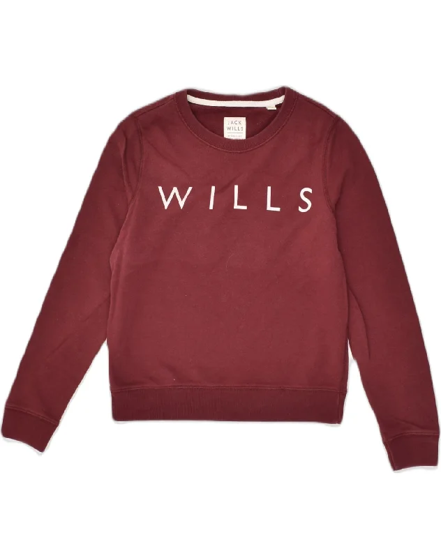 JACK WILLS Womens Graphic Sweatshirt Jumper UK 8 Small Maroon Cotton Hoodie with Tie-Dye Psychedelic Retro