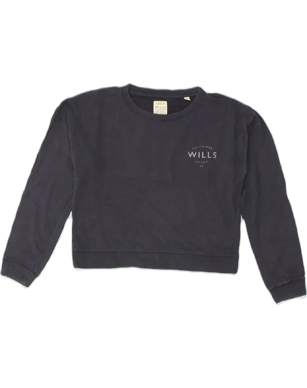 JACK WILLS Womens Oversized Crop Sweatshirt Jumper UK 10 Small  Navy Blue Hoodie with Color Block Contrast Stylish