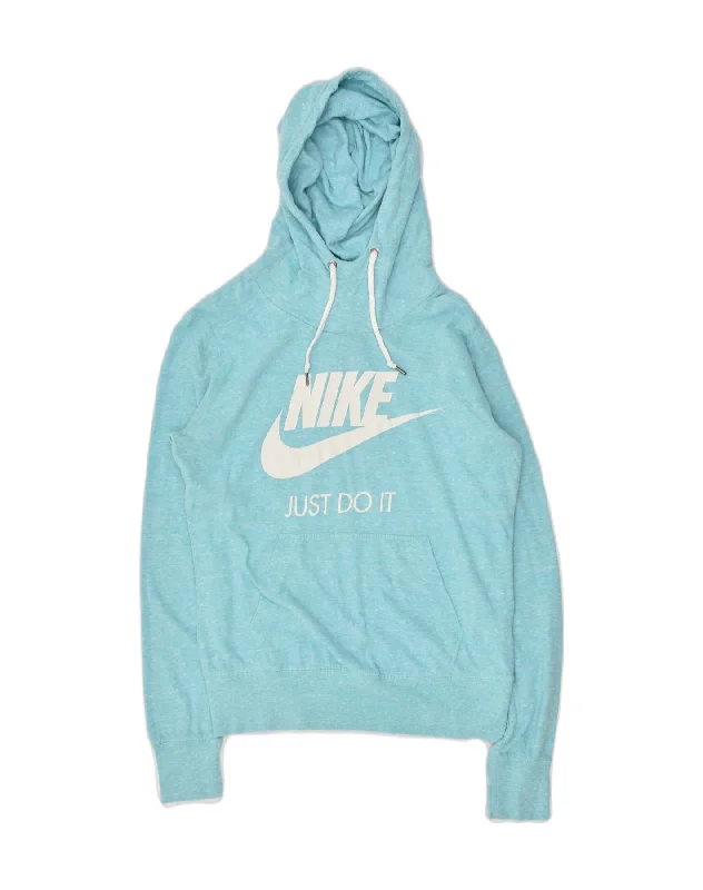 NIKE Womens Graphic Hoodie Jumper UK 14 Medium Blue Flecked Cotton Hoodie with Set-In Sleeves Structured Classic